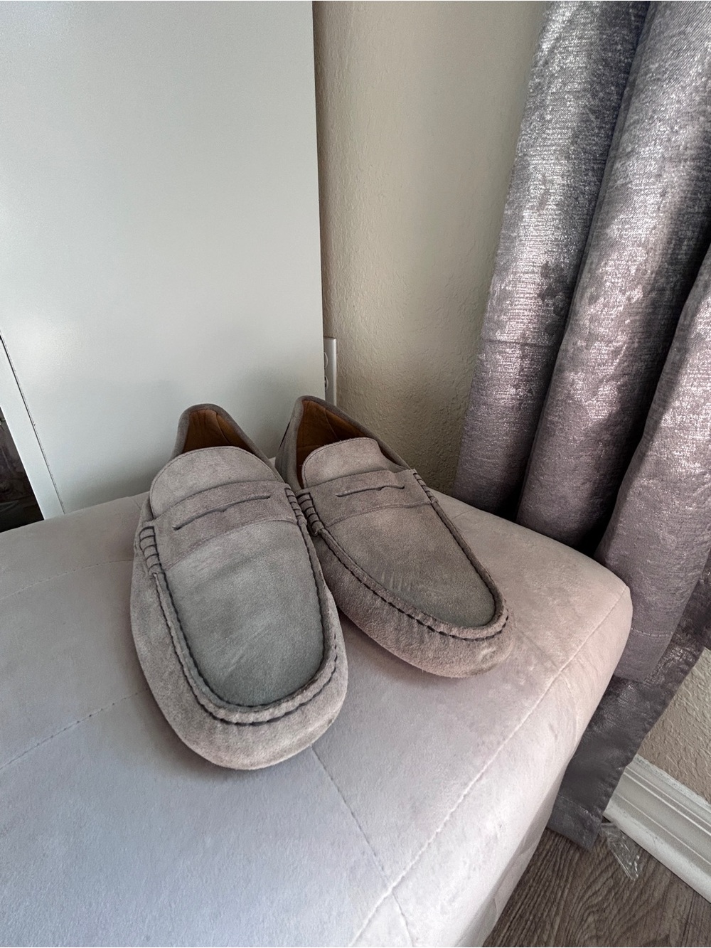 Oliver Cabell Suede Penny Loafers in Light Gray